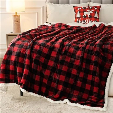 Christmas Sherpa Fleece Throw Blanket - Red Buffalo Plaid (Musim Sejuk Musim Sejuk)